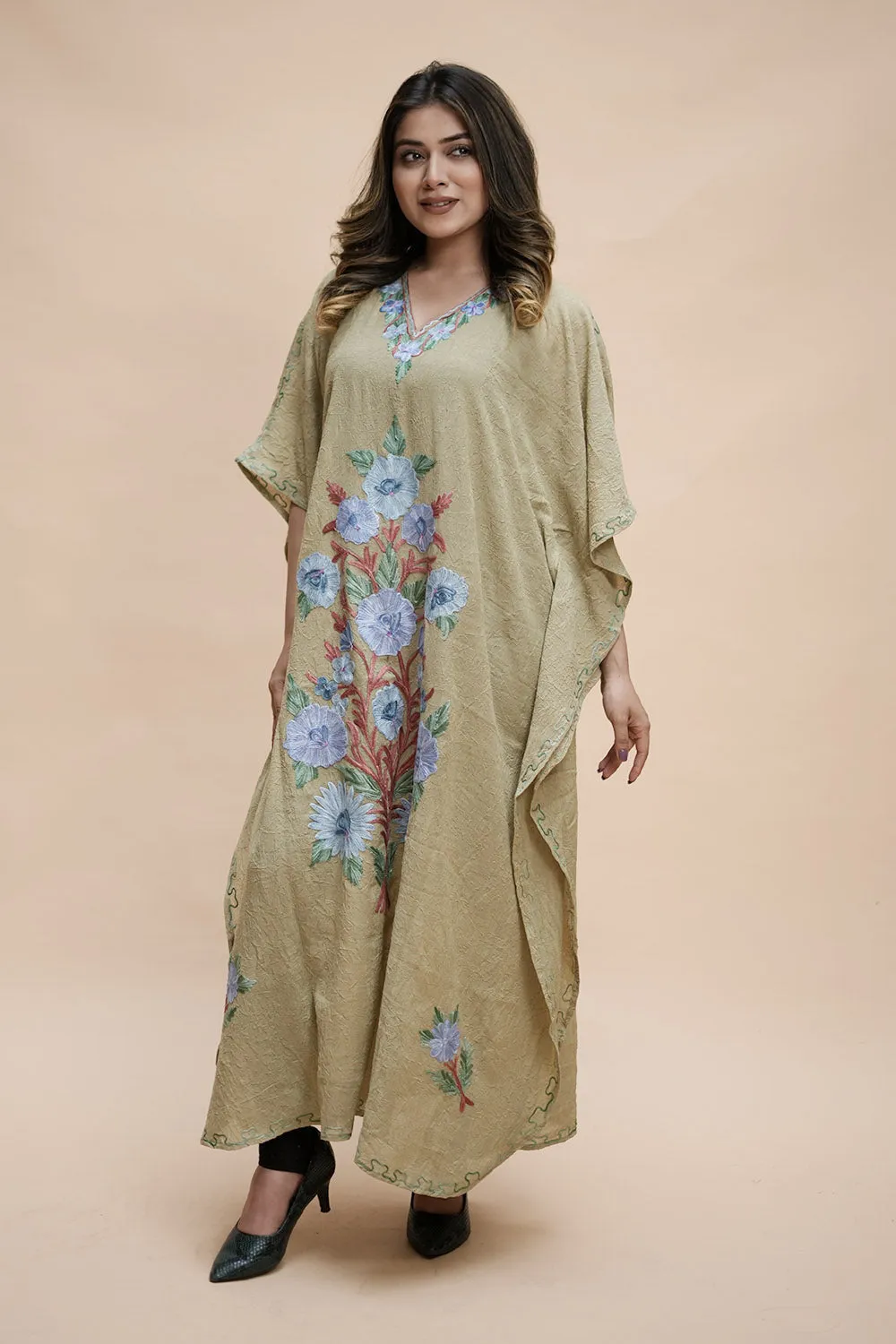 Pastel  Colour Crush Cotton Kashmiri Aari Work Designer Kaftan