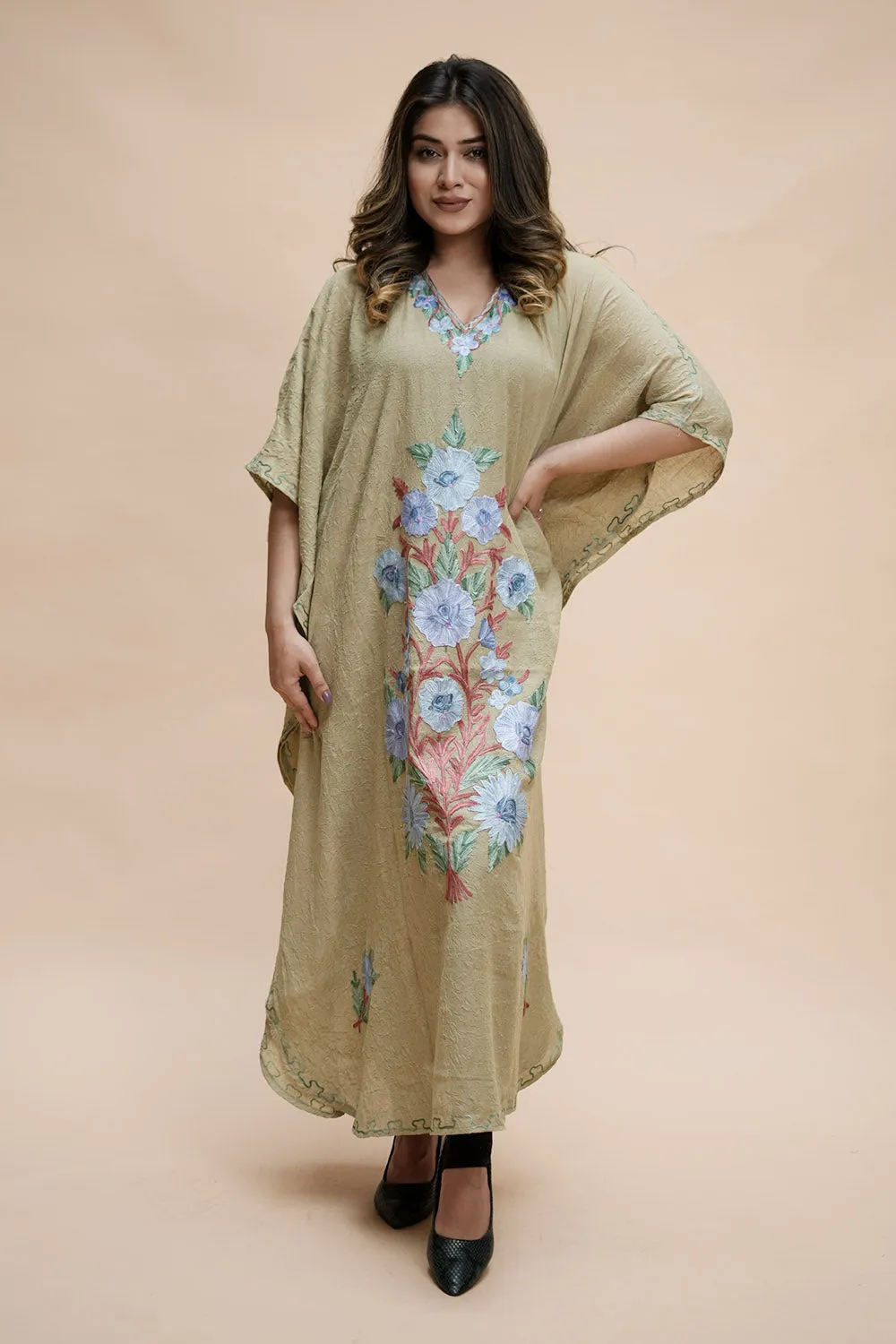 Pastel  Colour Crush Cotton Kashmiri Aari Work Designer Kaftan