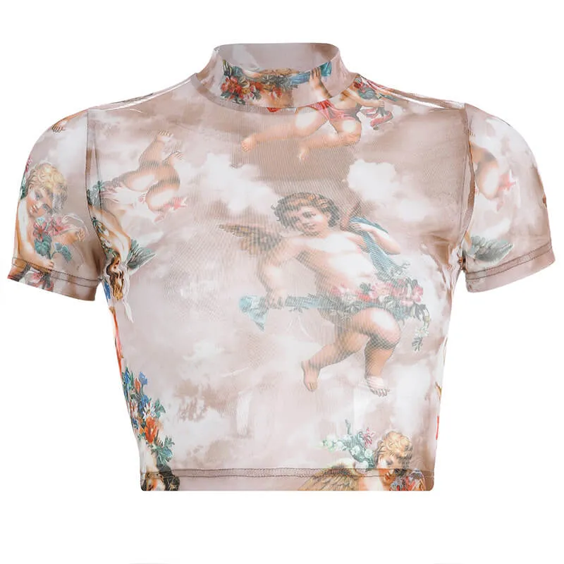 Perspective Flower Print Short Crop Top