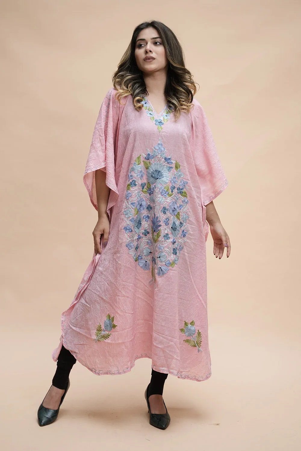 Pink Colour Crush Cotton Kashmiri Aari Work Designer Kaftan