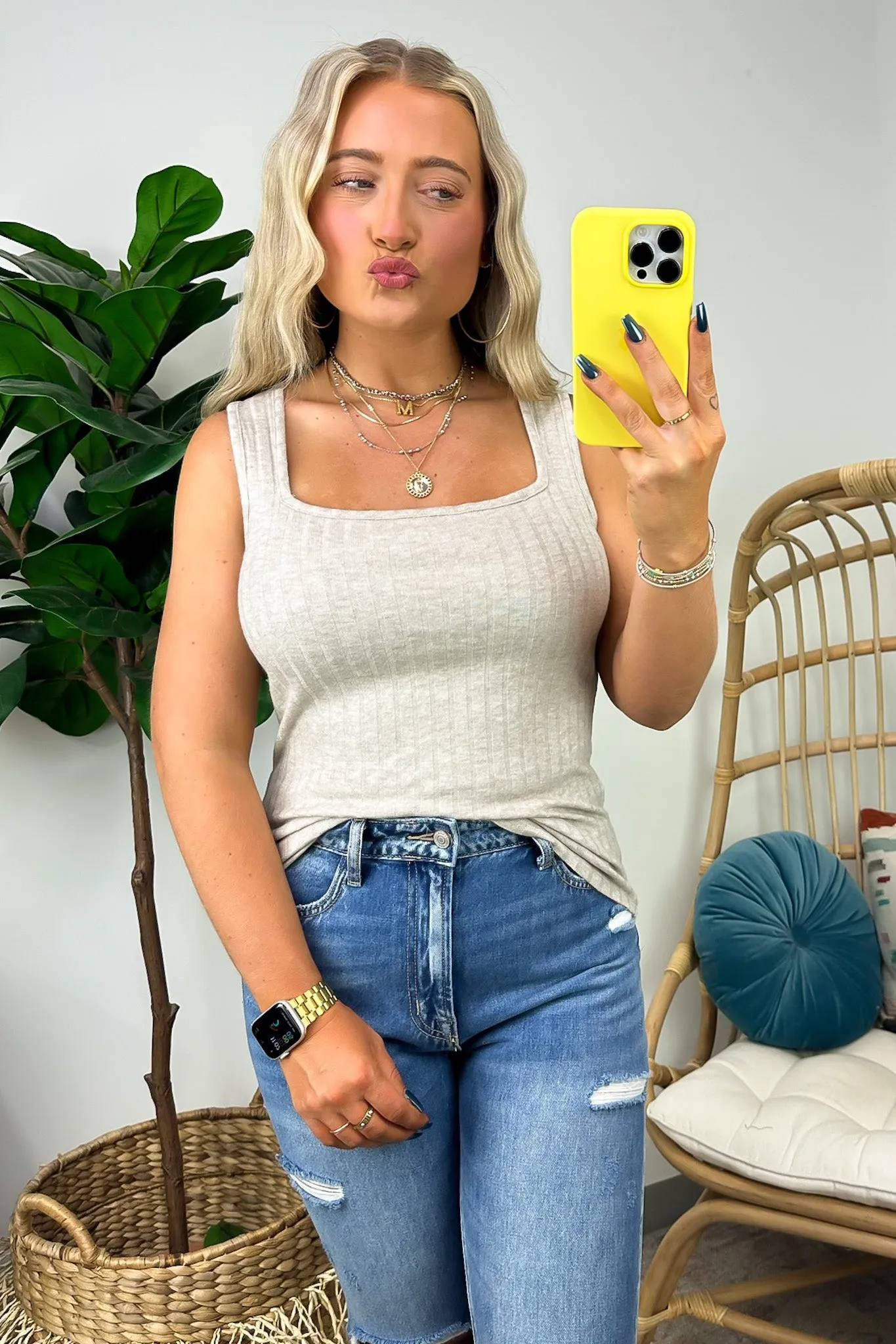 Playful Personality Ribbed Square Neck Tank Top - FINAL SALE