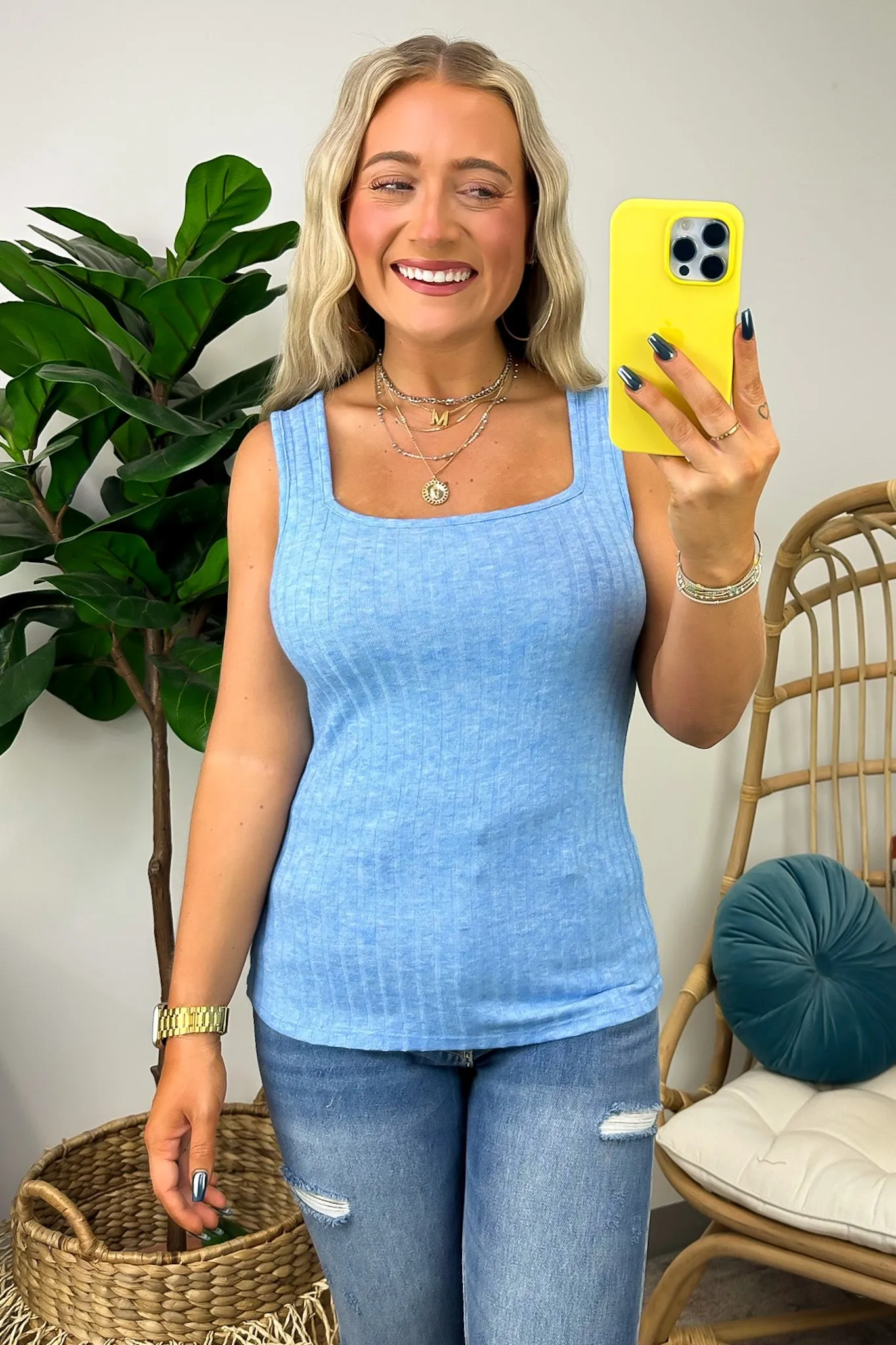Playful Personality Ribbed Square Neck Tank Top - FINAL SALE