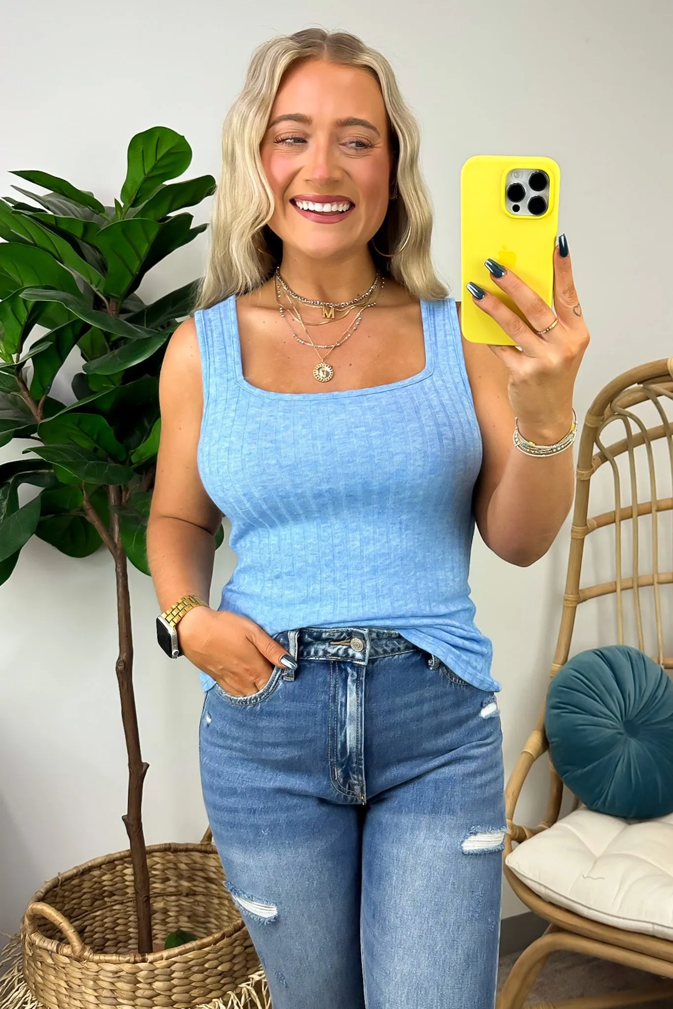 Playful Personality Ribbed Square Neck Tank Top - FINAL SALE