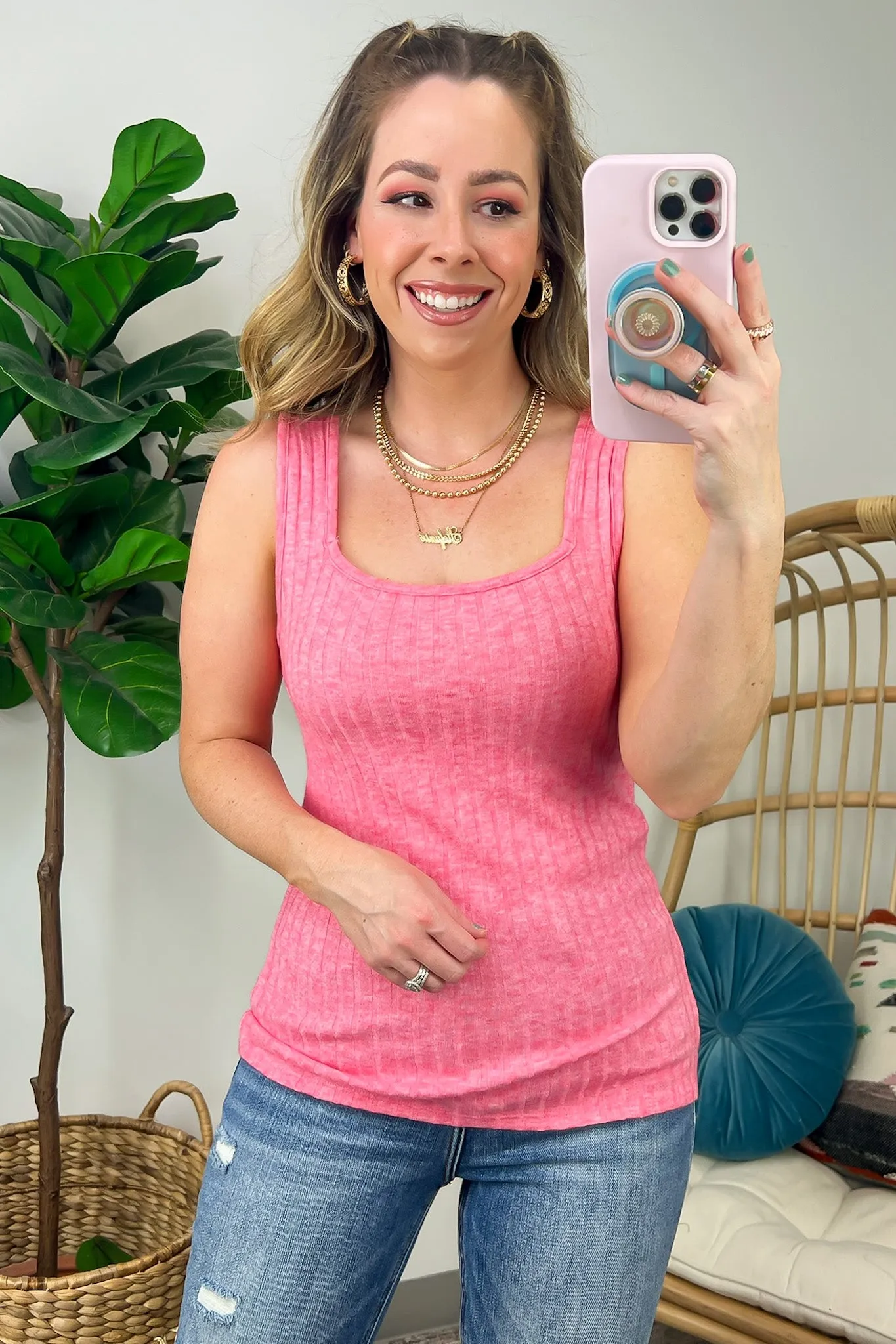 Playful Personality Ribbed Square Neck Tank Top - FINAL SALE