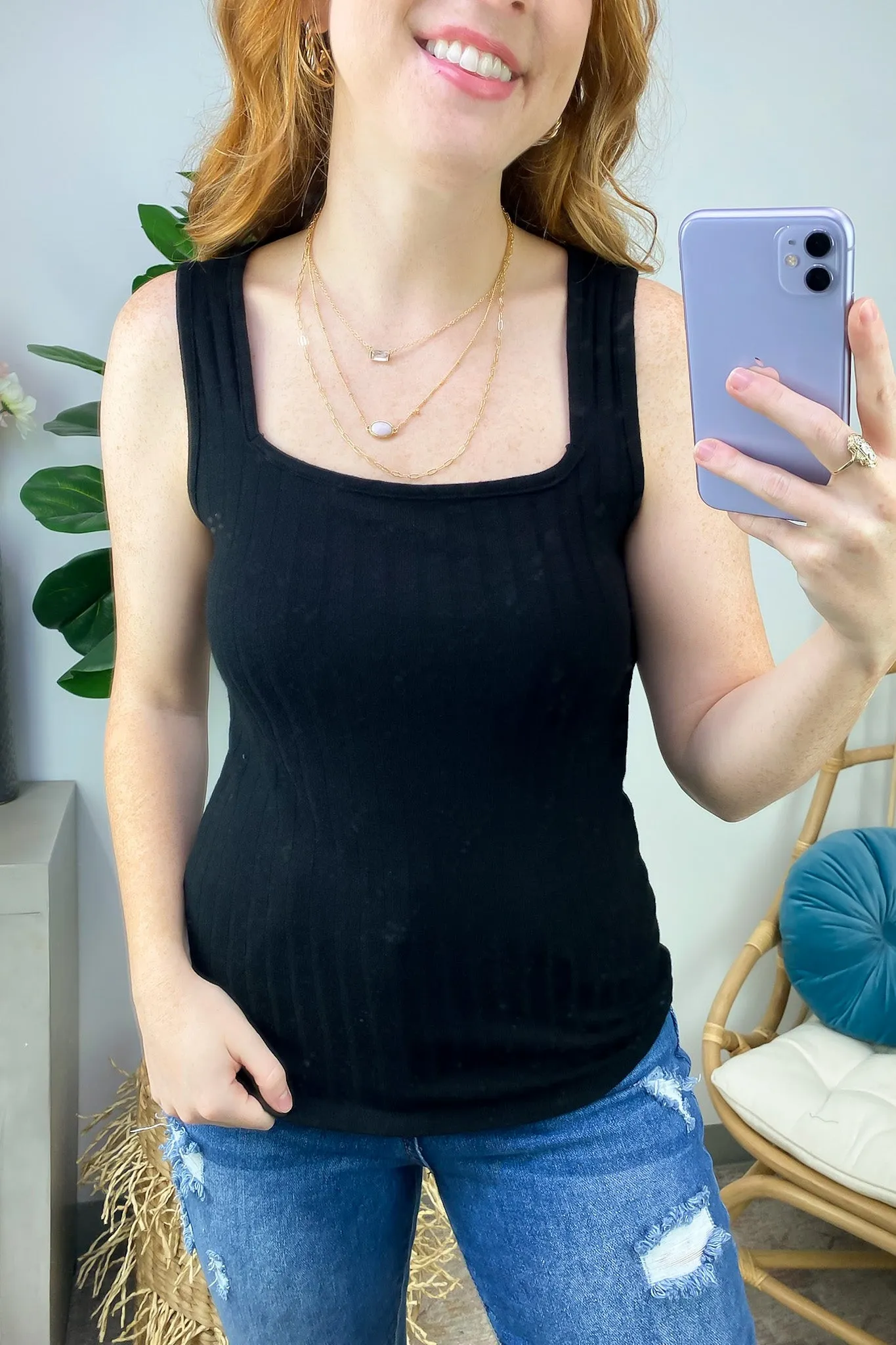 Playful Personality Ribbed Square Neck Tank Top - FINAL SALE