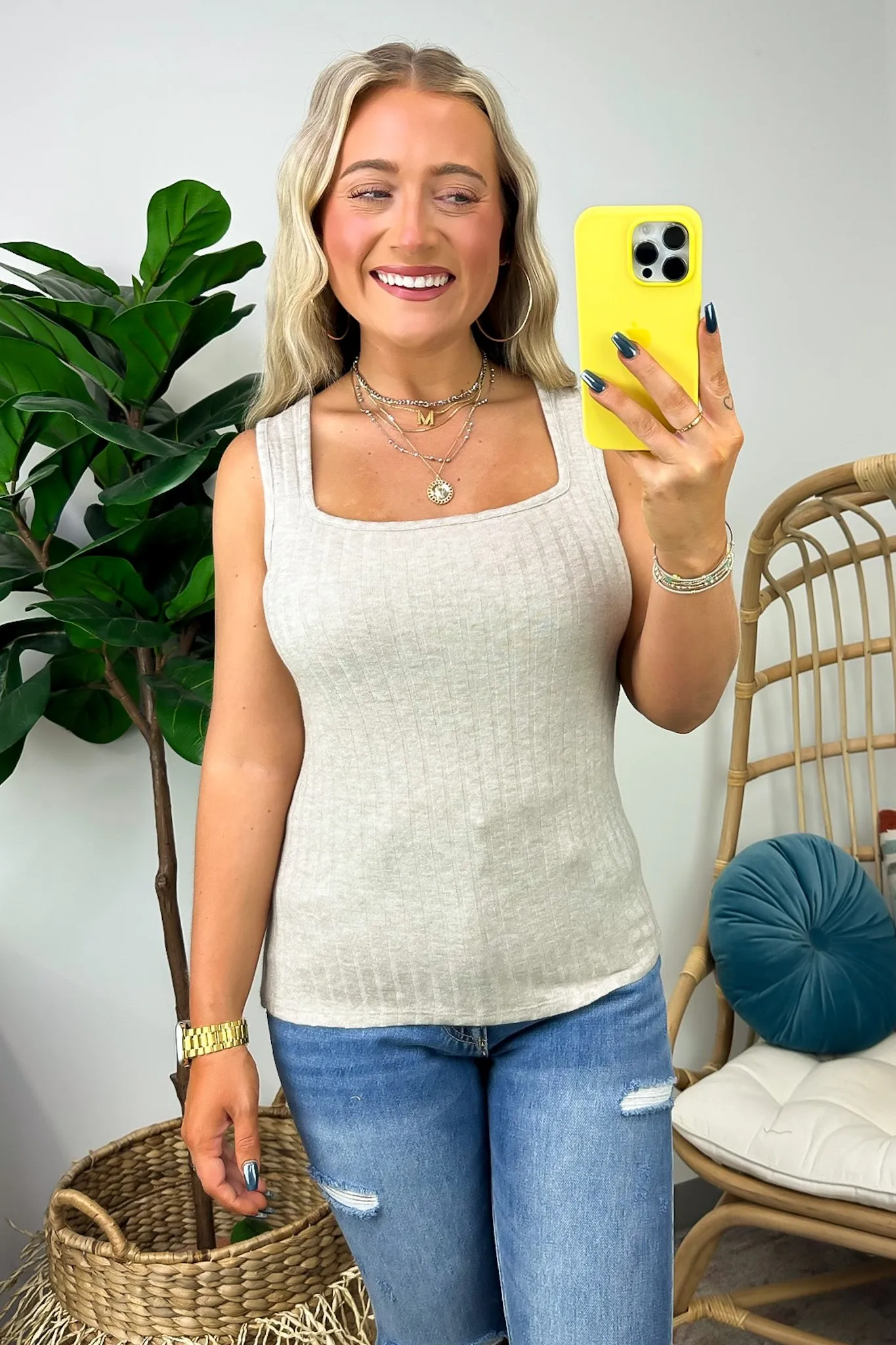 Playful Personality Ribbed Square Neck Tank Top - FINAL SALE