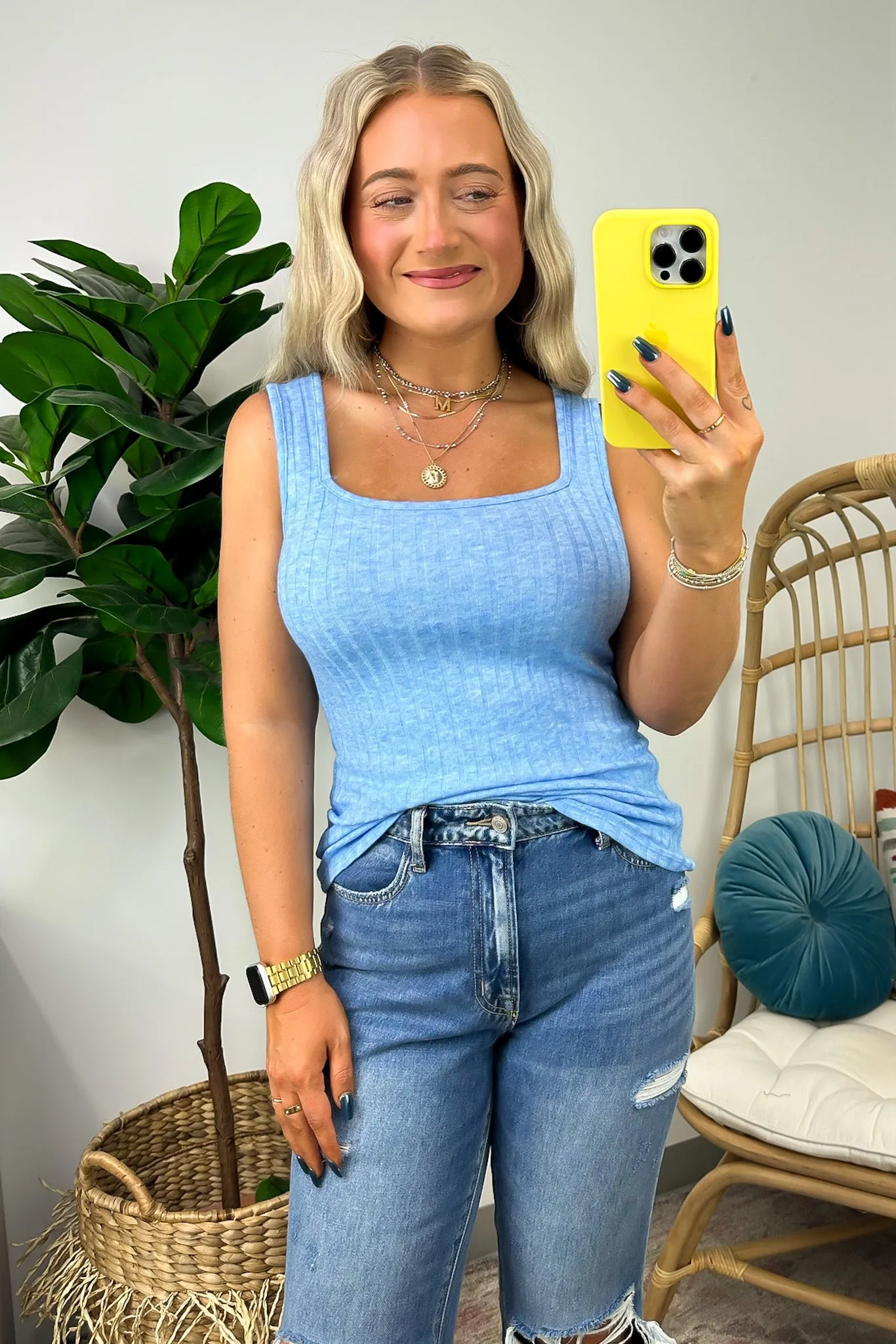 Playful Personality Ribbed Square Neck Tank Top - FINAL SALE