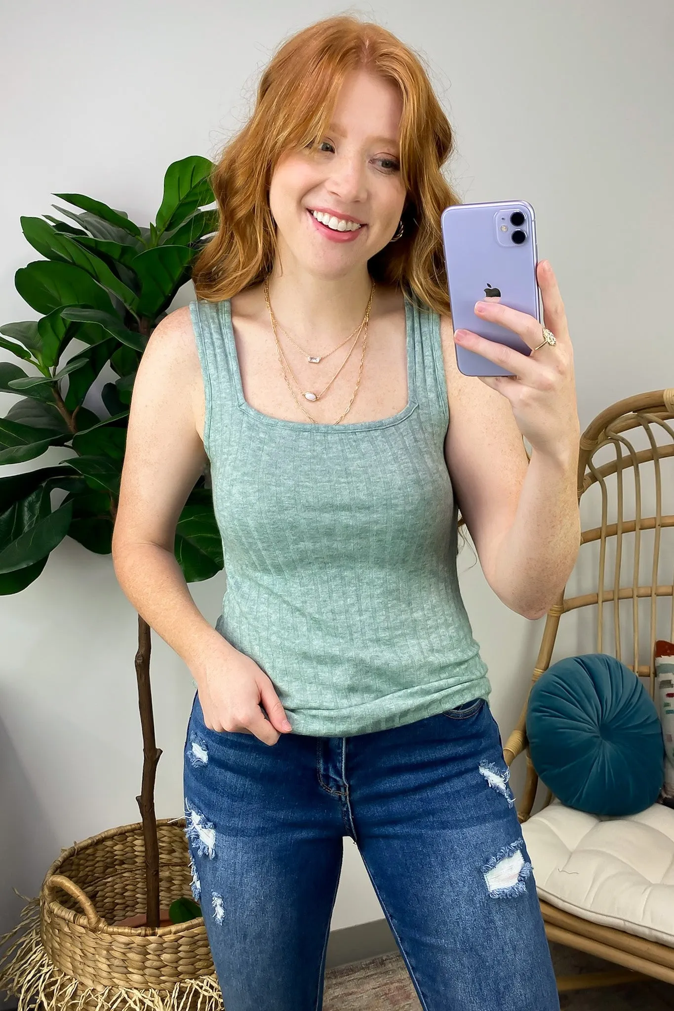 Playful Personality Ribbed Square Neck Tank Top - FINAL SALE