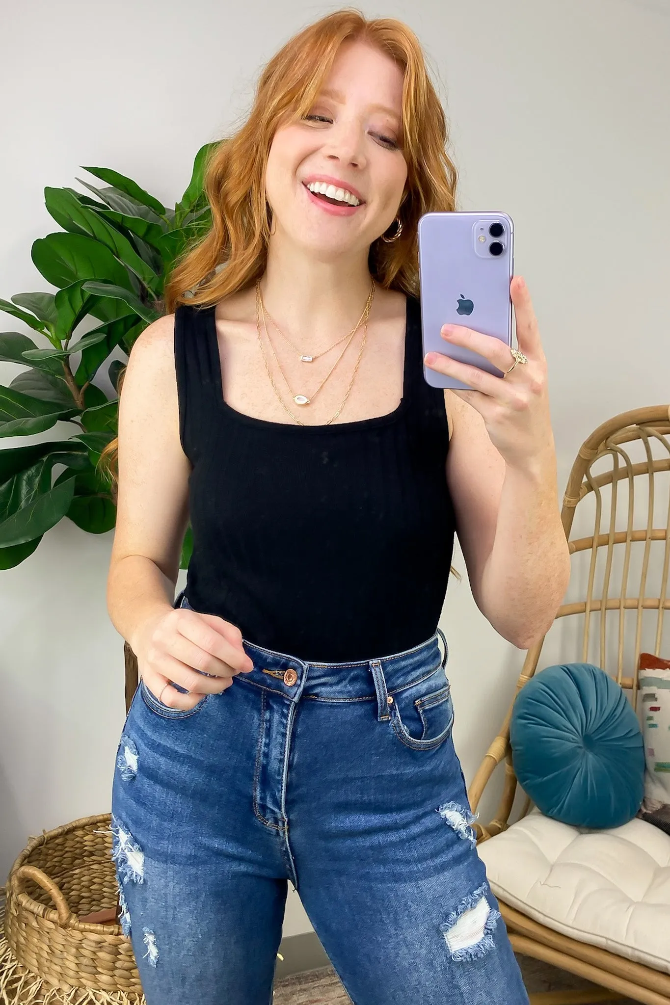 Playful Personality Ribbed Square Neck Tank Top - FINAL SALE