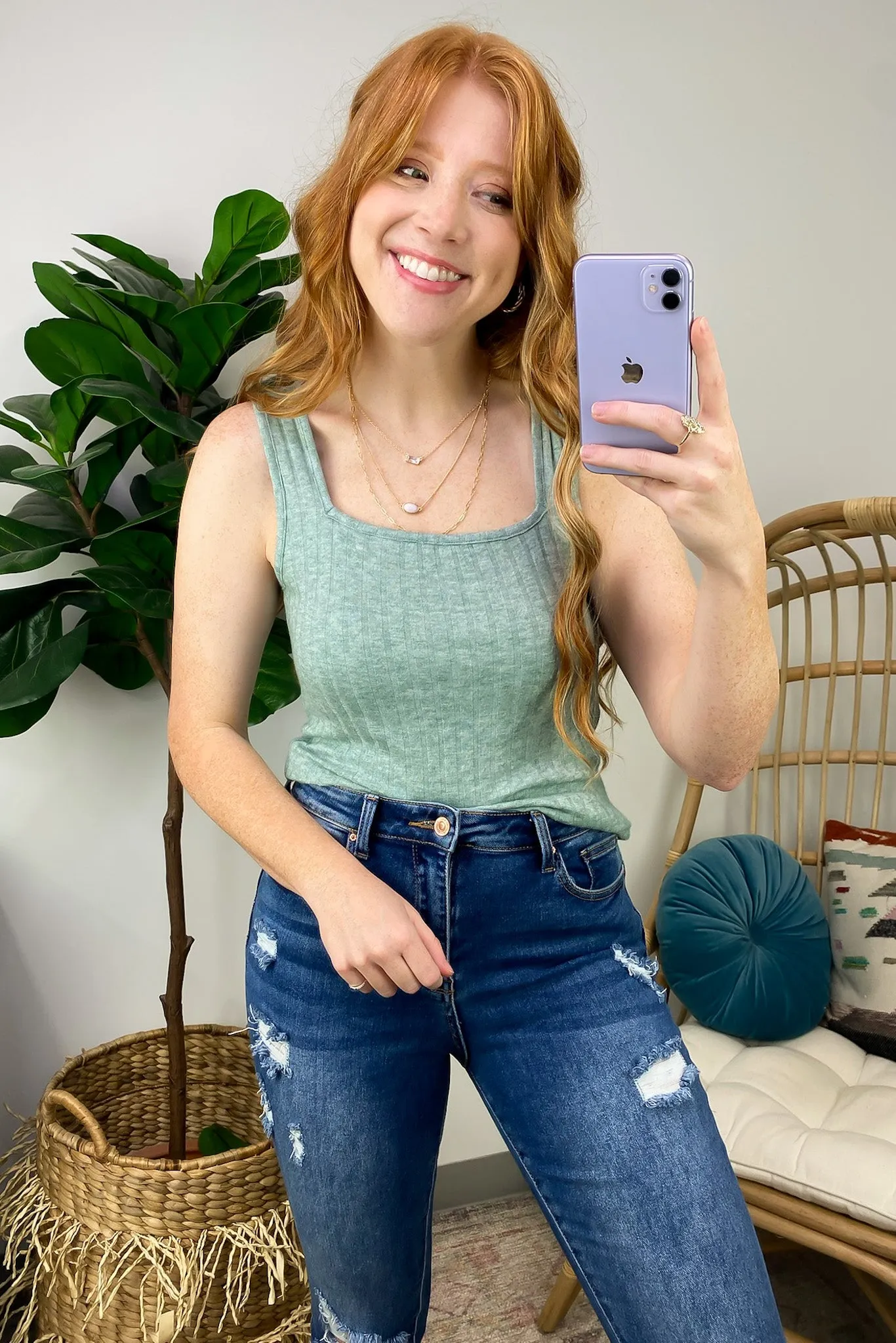 Playful Personality Ribbed Square Neck Tank Top - FINAL SALE