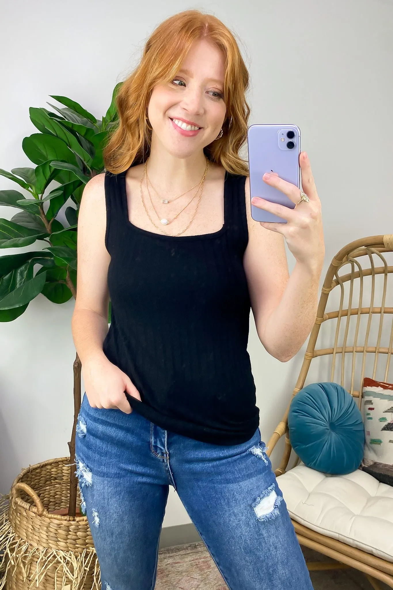 Playful Personality Ribbed Square Neck Tank Top - FINAL SALE