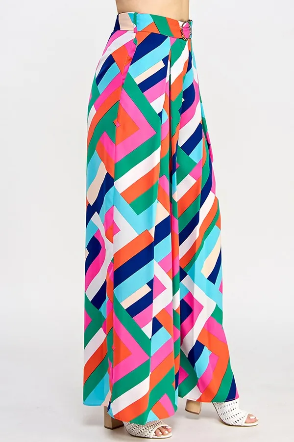 Printed Wide Leg Belted Pants