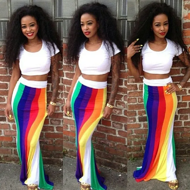 Rainbow Printing Design Long Dress with White Short Sleeves Crop