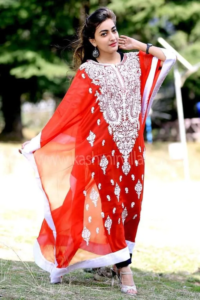 Ravishing Red Colour Georgette Kashmiri Aari Work Designer Kaftan