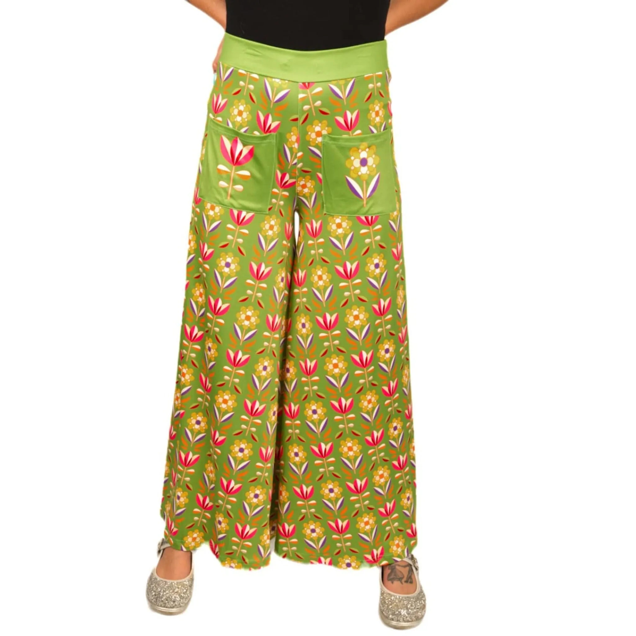 Retro Flower Wide Leg Pants With Pockets