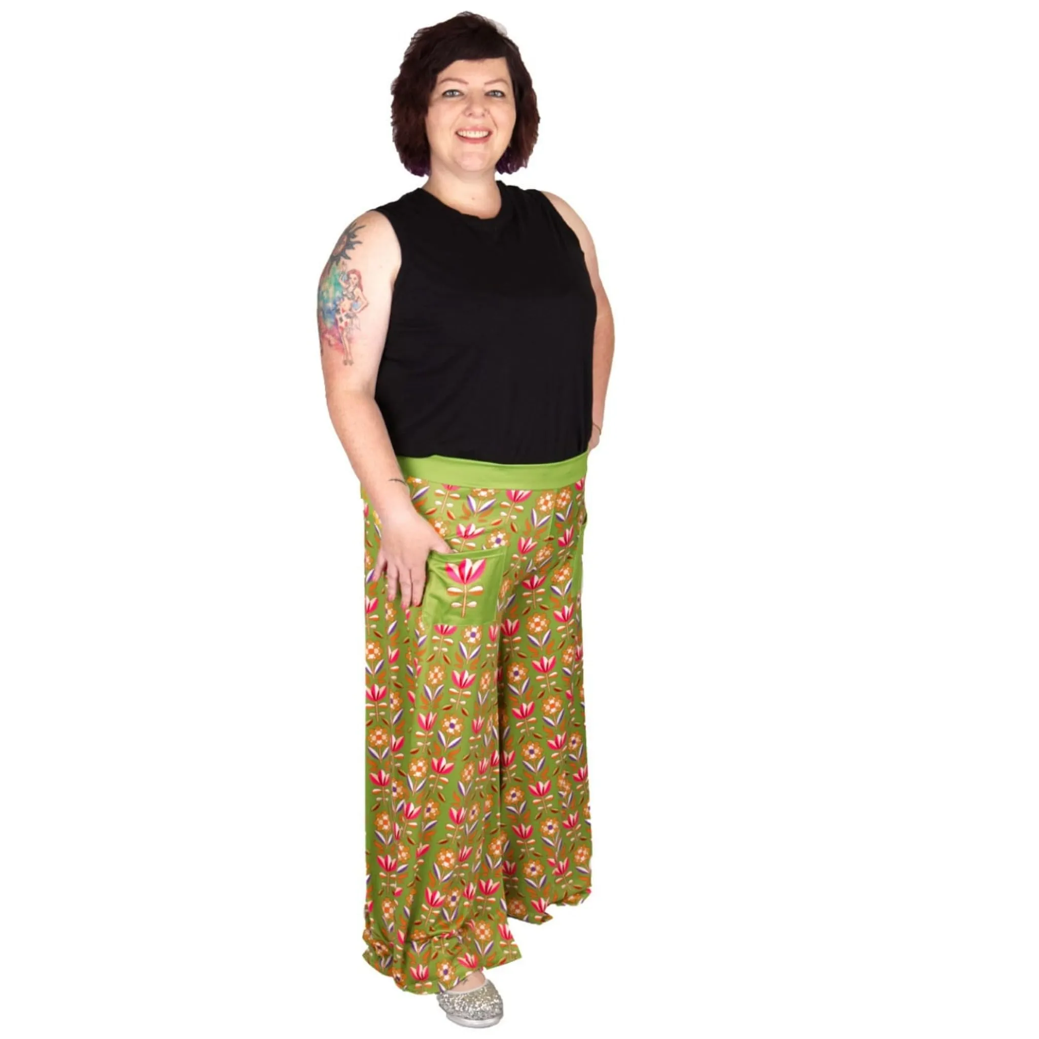 Retro Flower Wide Leg Pants With Pockets