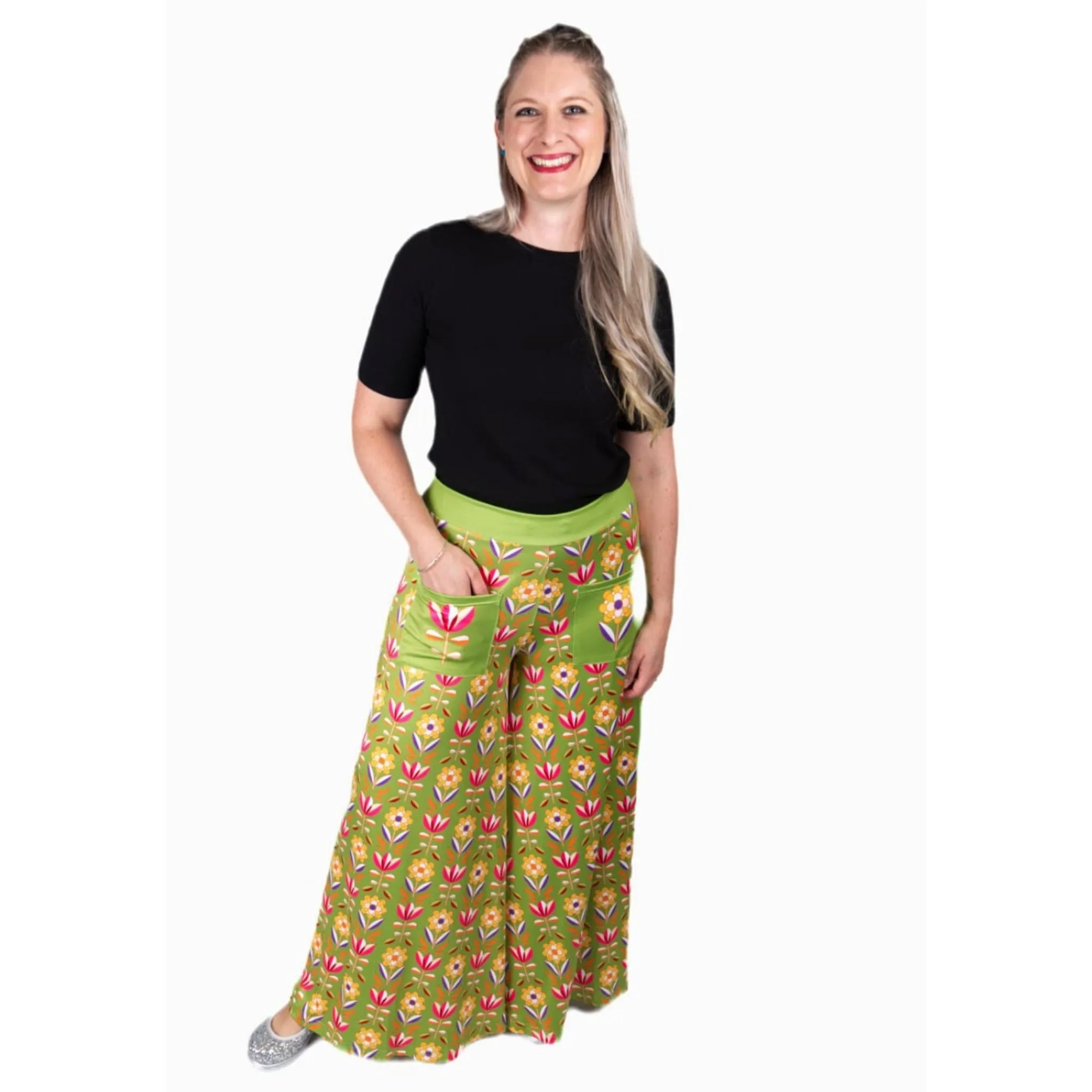 Retro Flower Wide Leg Pants With Pockets