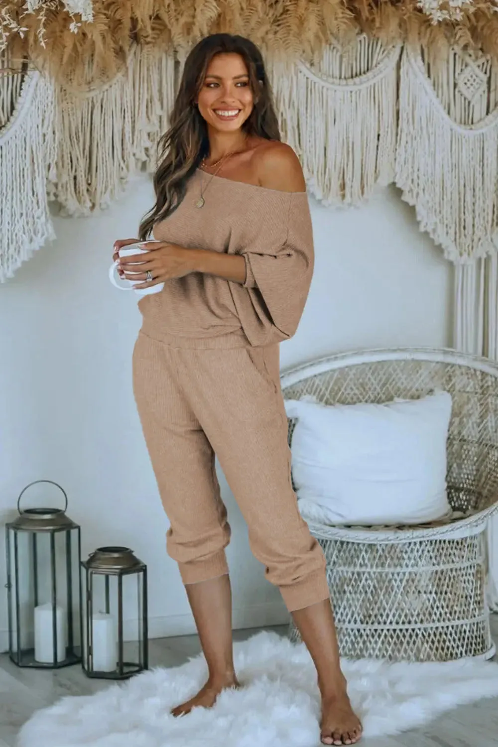 Ribbed Off Shoulder Long Sleeve Pullover Lounge Pants with Pockets Two Piece Sets