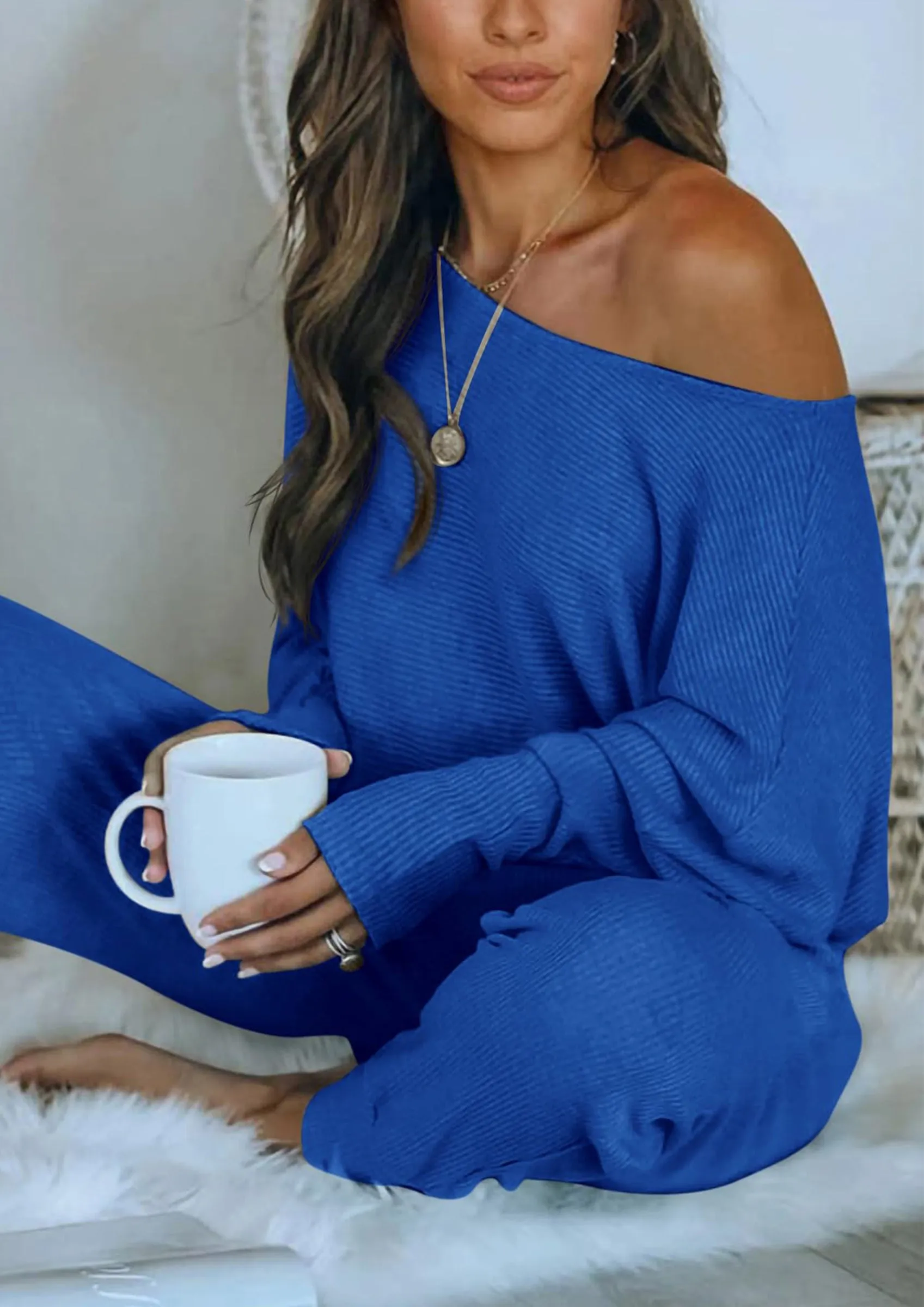 Ribbed Off Shoulder Long Sleeve Pullover Lounge Pants with Pockets Two Piece Sets