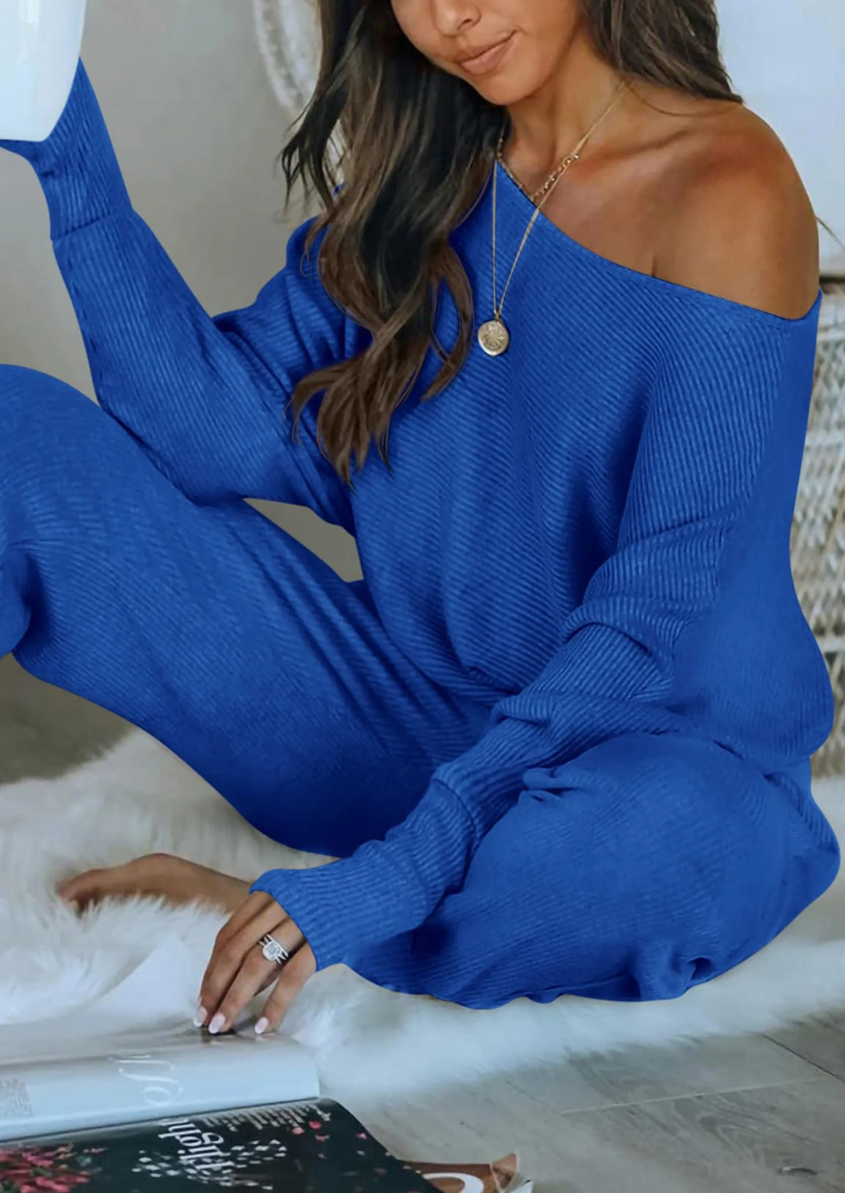 Ribbed Off Shoulder Long Sleeve Pullover Lounge Pants with Pockets Two Piece Sets