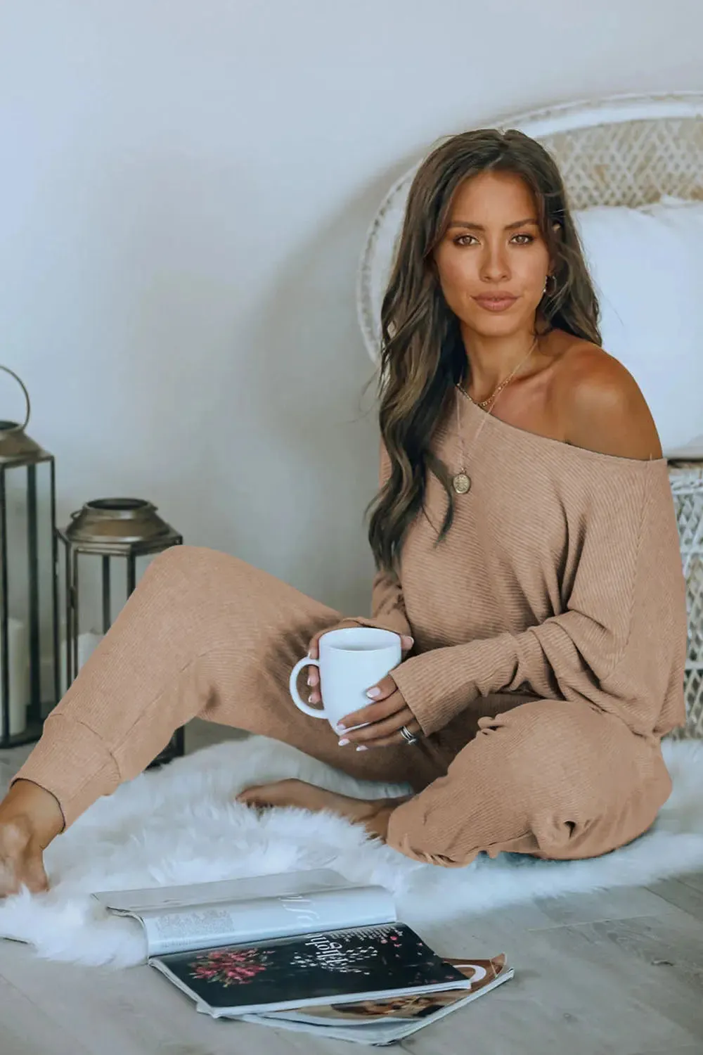 Ribbed Off Shoulder Long Sleeve Pullover Lounge Pants with Pockets Two Piece Sets