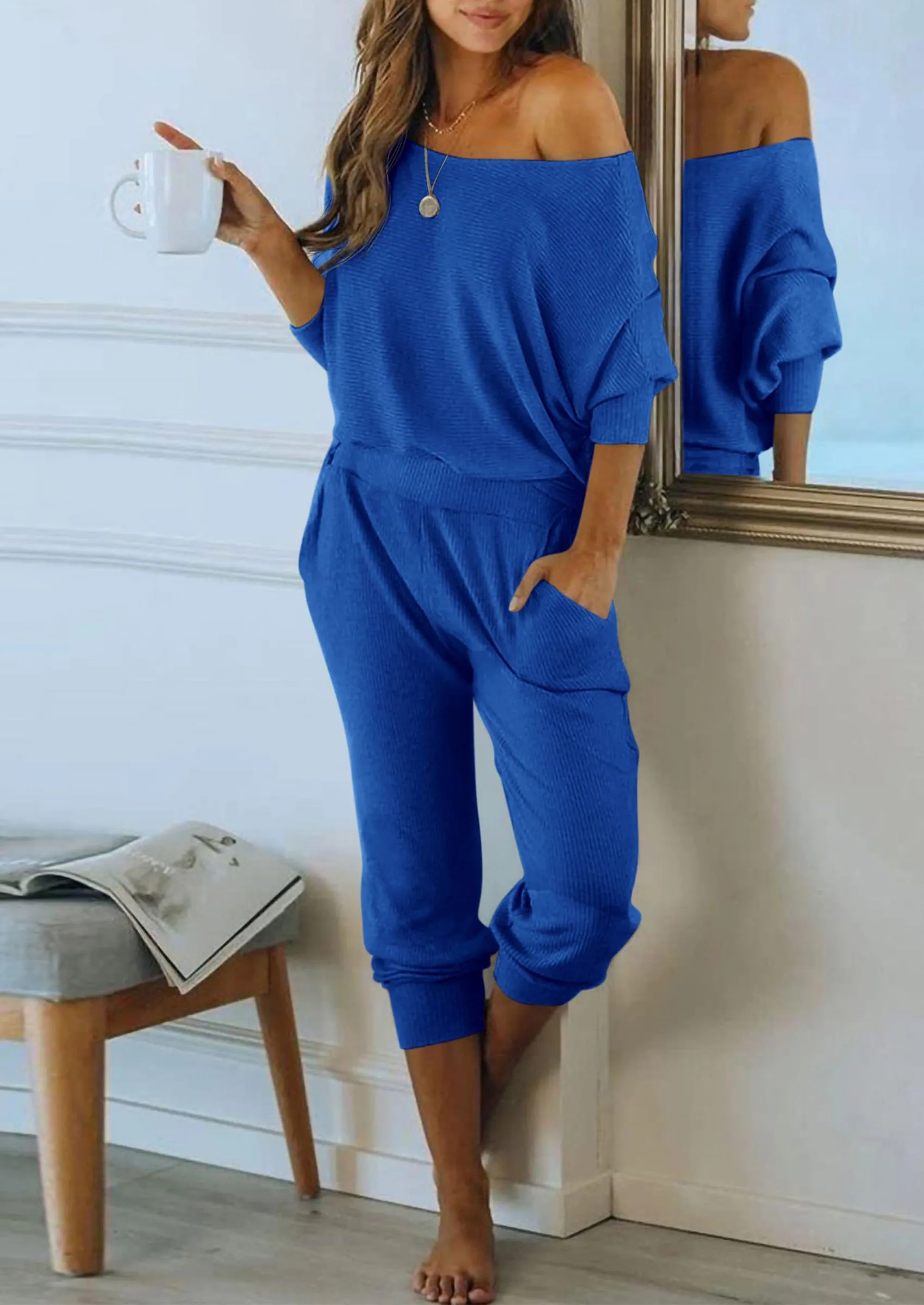 Ribbed Off Shoulder Long Sleeve Pullover Lounge Pants with Pockets Two Piece Sets