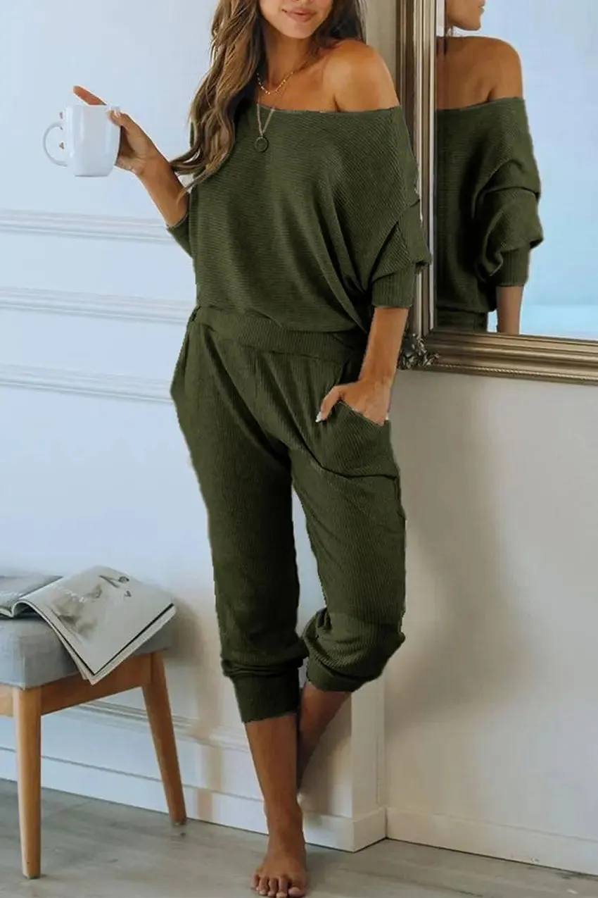 Ribbed Off Shoulder Long Sleeve Pullover Lounge Pants with Pockets Two Piece Sets