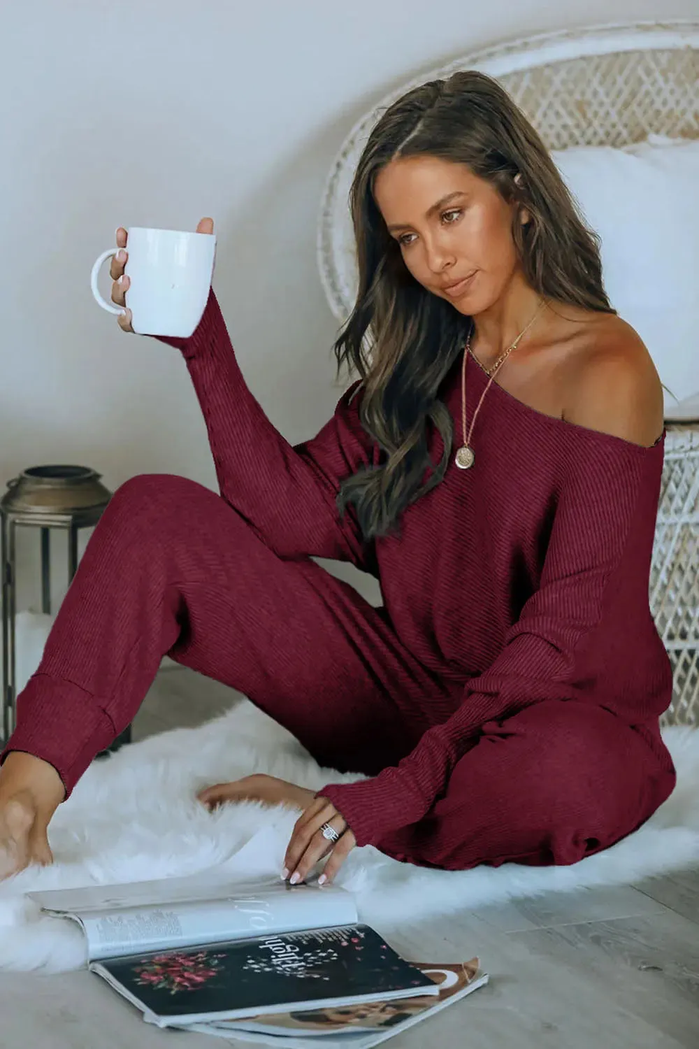 Ribbed Off Shoulder Long Sleeve Pullover Lounge Pants with Pockets Two Piece Sets