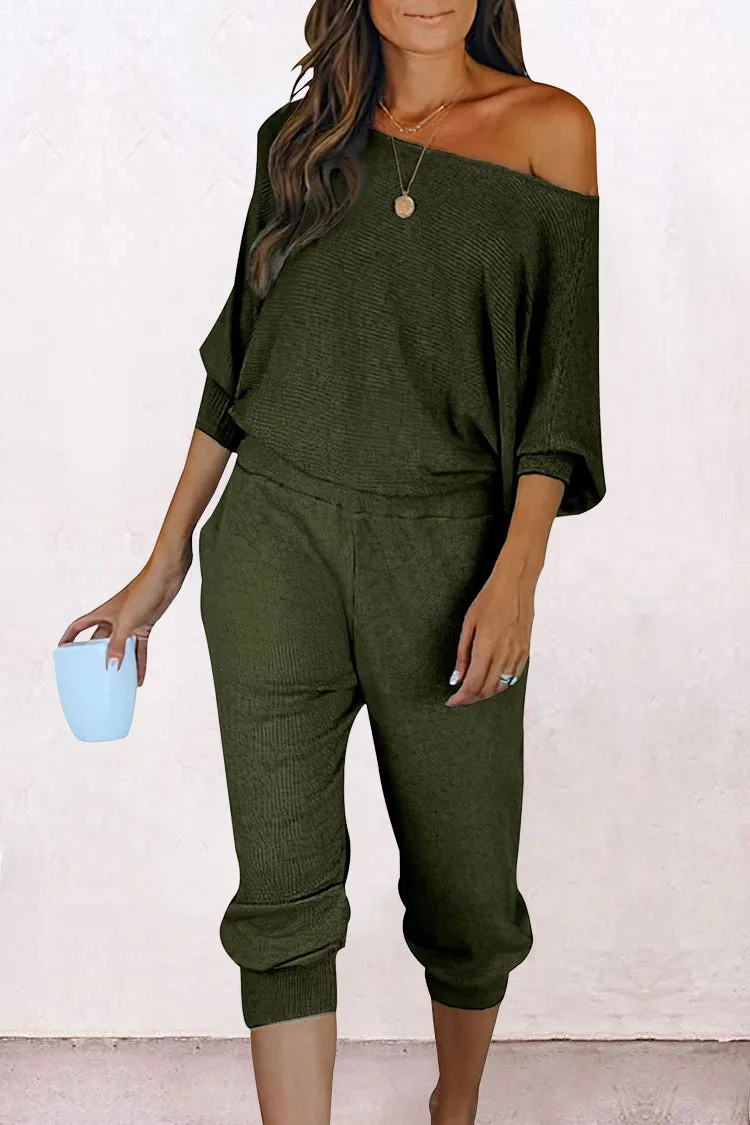 Ribbed Off Shoulder Long Sleeve Pullover Lounge Pants with Pockets Two Piece Sets