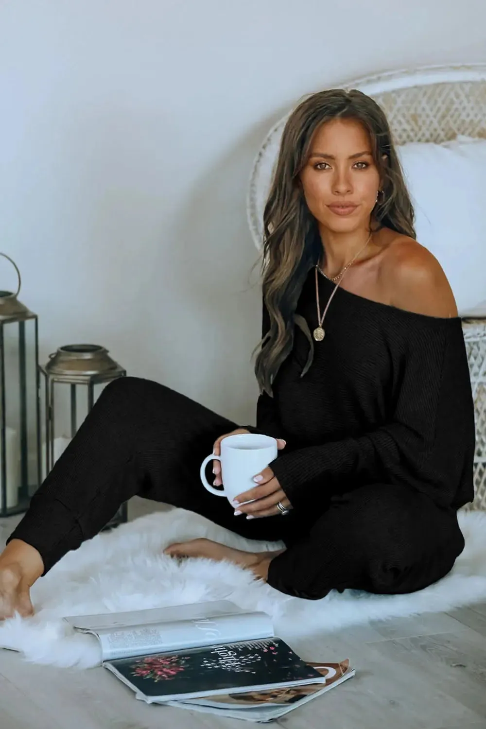 Ribbed Off Shoulder Long Sleeve Pullover Lounge Pants with Pockets Two Piece Sets