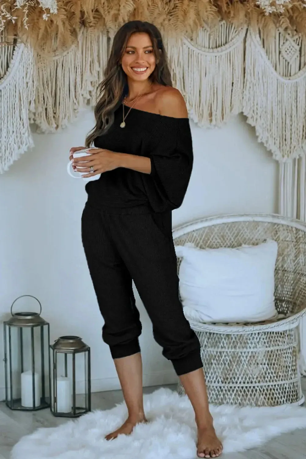 Ribbed Off Shoulder Long Sleeve Pullover Lounge Pants with Pockets Two Piece Sets