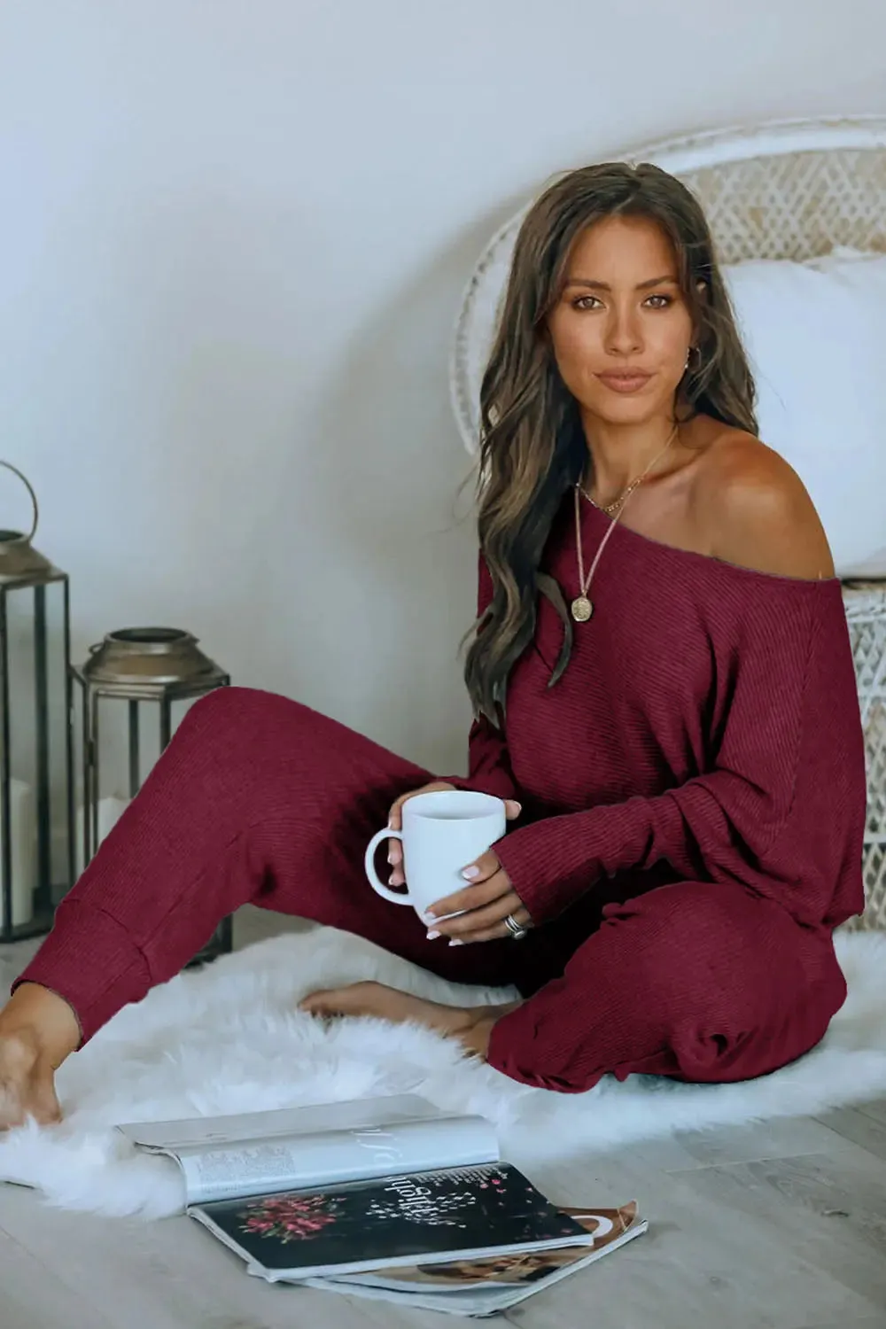 Ribbed Off Shoulder Long Sleeve Pullover Lounge Pants with Pockets Two Piece Sets