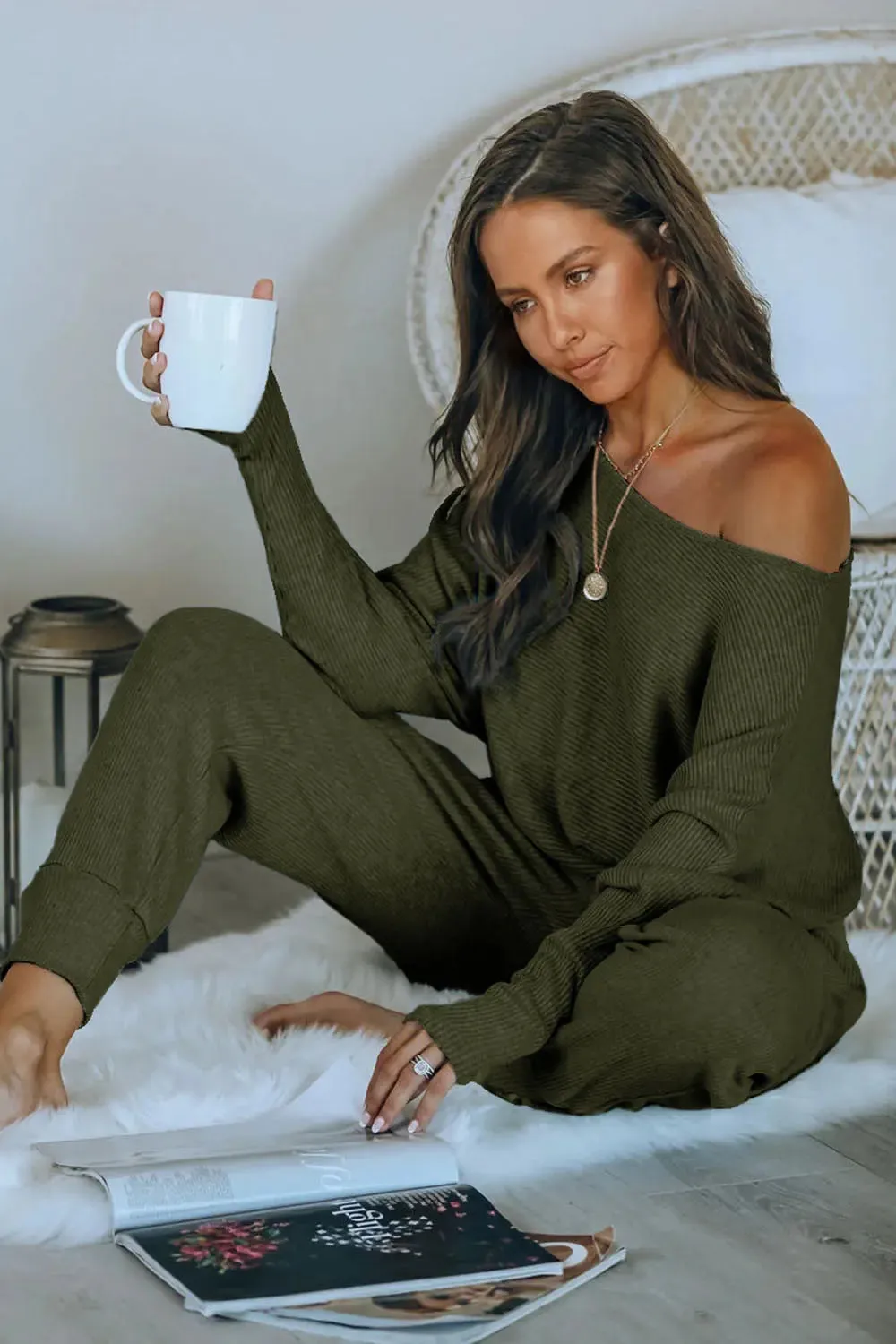 Ribbed Off Shoulder Long Sleeve Pullover Lounge Pants with Pockets Two Piece Sets