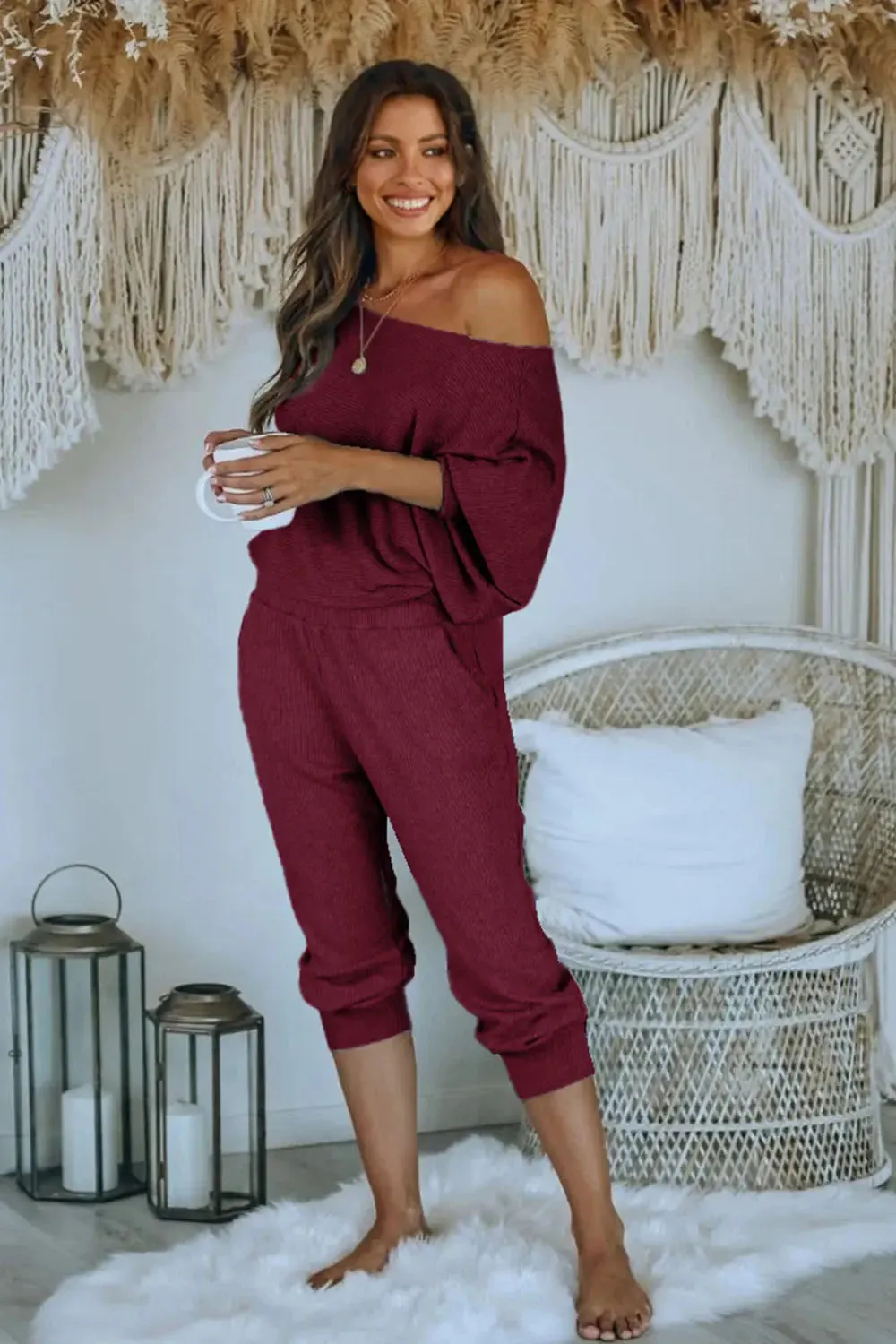 Ribbed Off Shoulder Long Sleeve Pullover Lounge Pants with Pockets Two Piece Sets