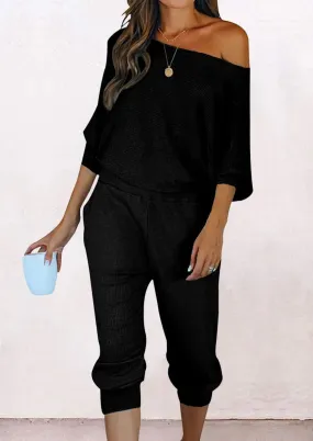 Ribbed Off Shoulder Long Sleeve Pullover Lounge Pants with Pockets Two Piece Sets