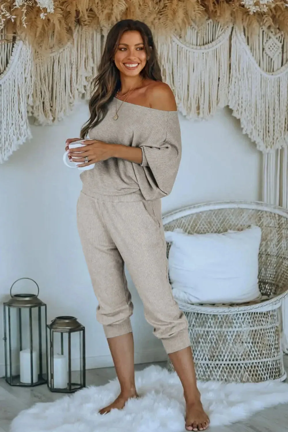 Ribbed Off Shoulder Long Sleeve Pullover Lounge Pants with Pockets Two Piece Sets