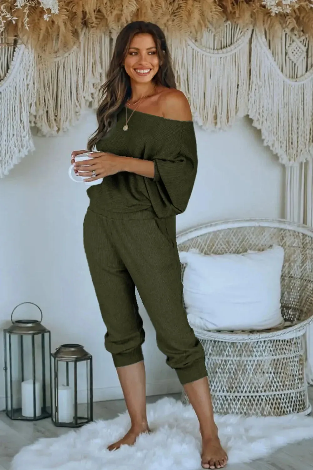Ribbed Off Shoulder Long Sleeve Pullover Lounge Pants with Pockets Two Piece Sets