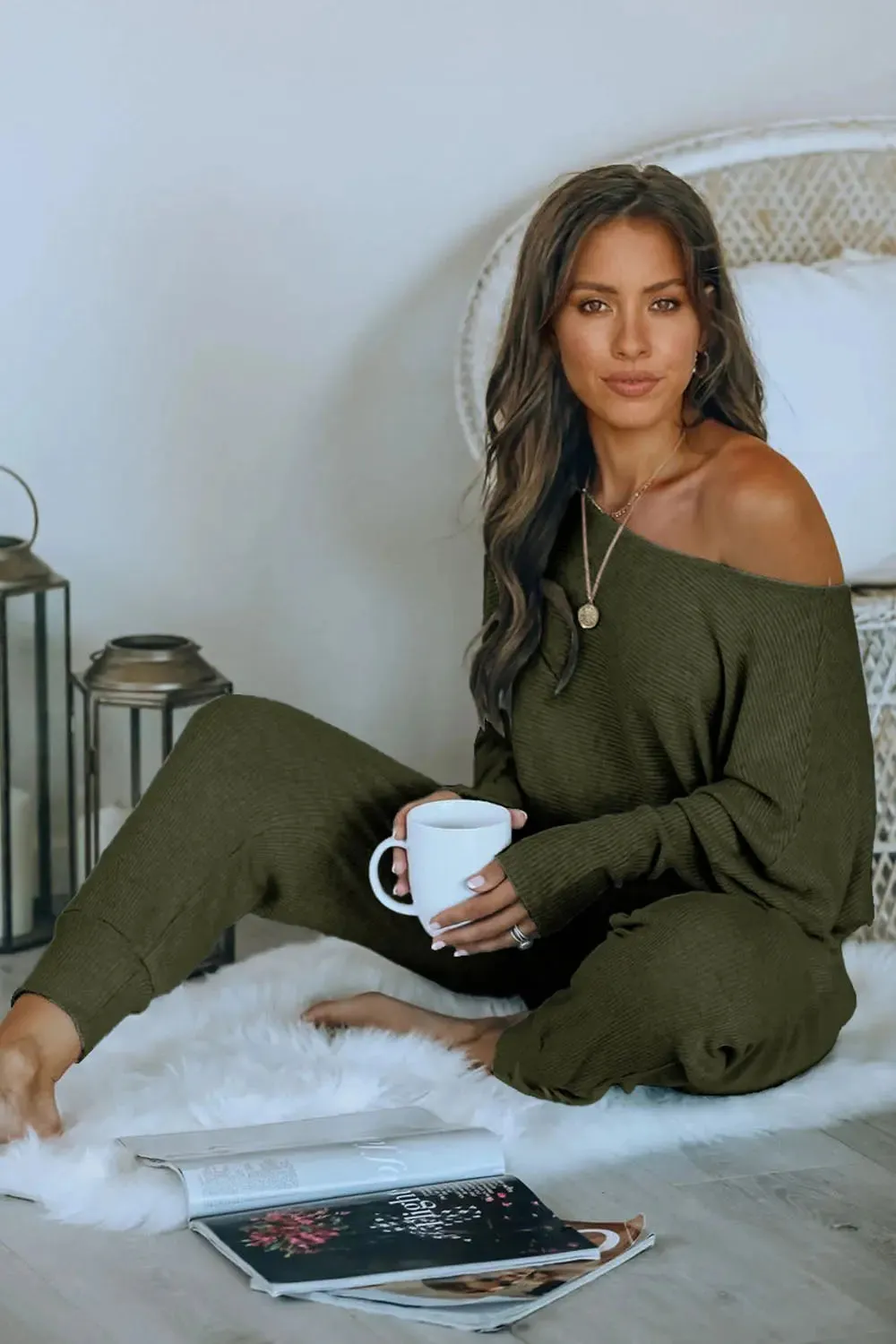 Ribbed Off Shoulder Long Sleeve Pullover Lounge Pants with Pockets Two Piece Sets