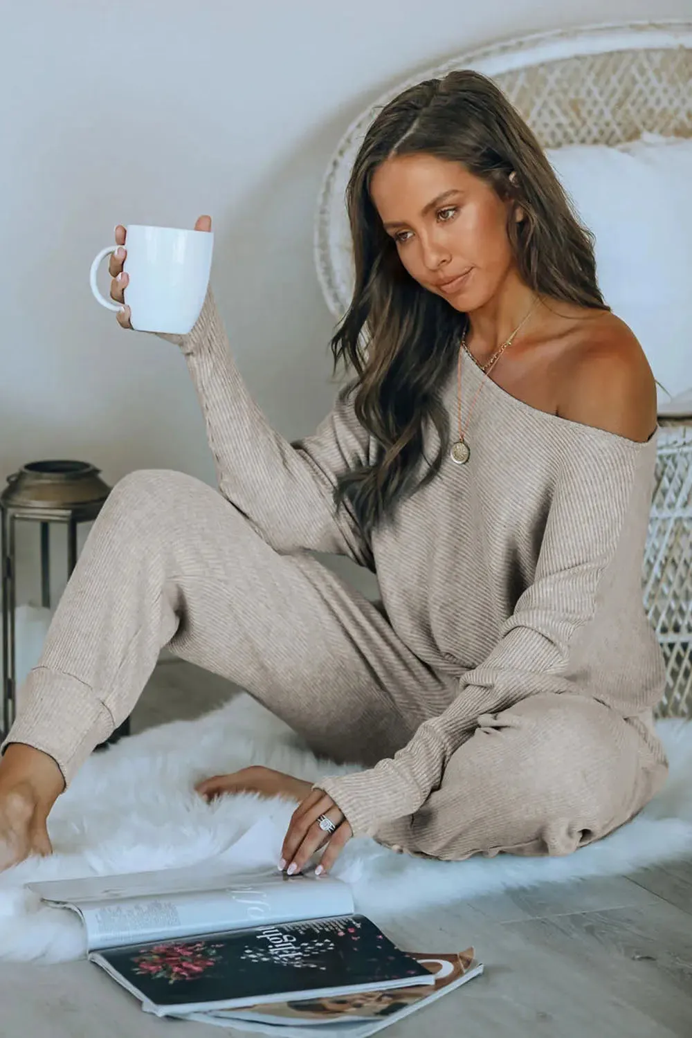 Ribbed Off Shoulder Long Sleeve Pullover Lounge Pants with Pockets Two Piece Sets