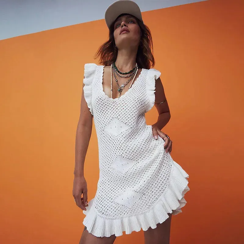 Ruffled Crochet Hollow Out Knit  Beach Mini Dress
