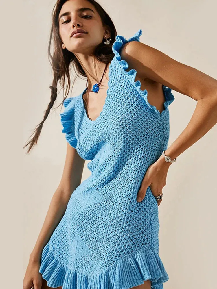 Ruffled Crochet Hollow Out Knit  Beach Mini Dress