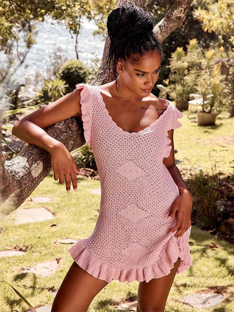 Ruffled Crochet Hollow Out Knit  Beach Mini Dress