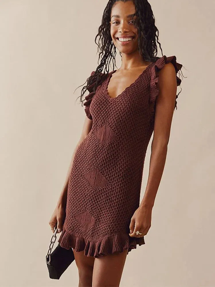 Ruffled Crochet Hollow Out Knit  Beach Mini Dress