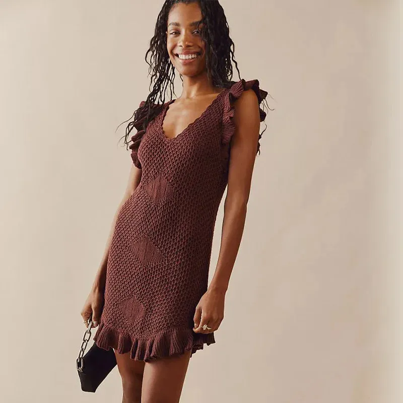 Ruffled Crochet Hollow Out Knit  Beach Mini Dress
