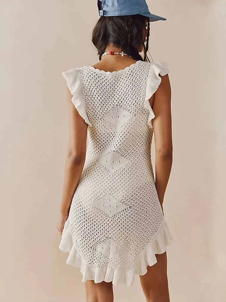 Ruffled Crochet Hollow Out Knit  Beach Mini Dress