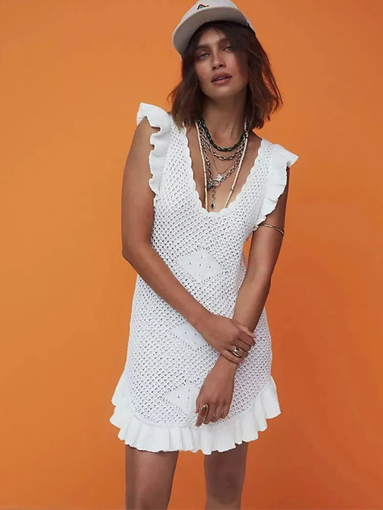 Ruffled Crochet Hollow Out Knit  Beach Mini Dress
