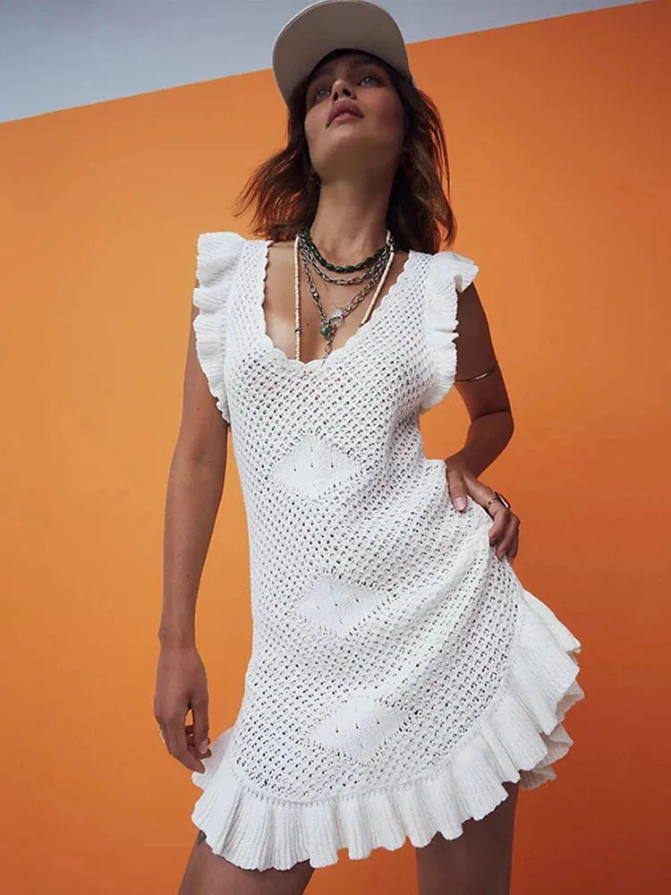 Ruffled Crochet Hollow Out Knit  Beach Mini Dress