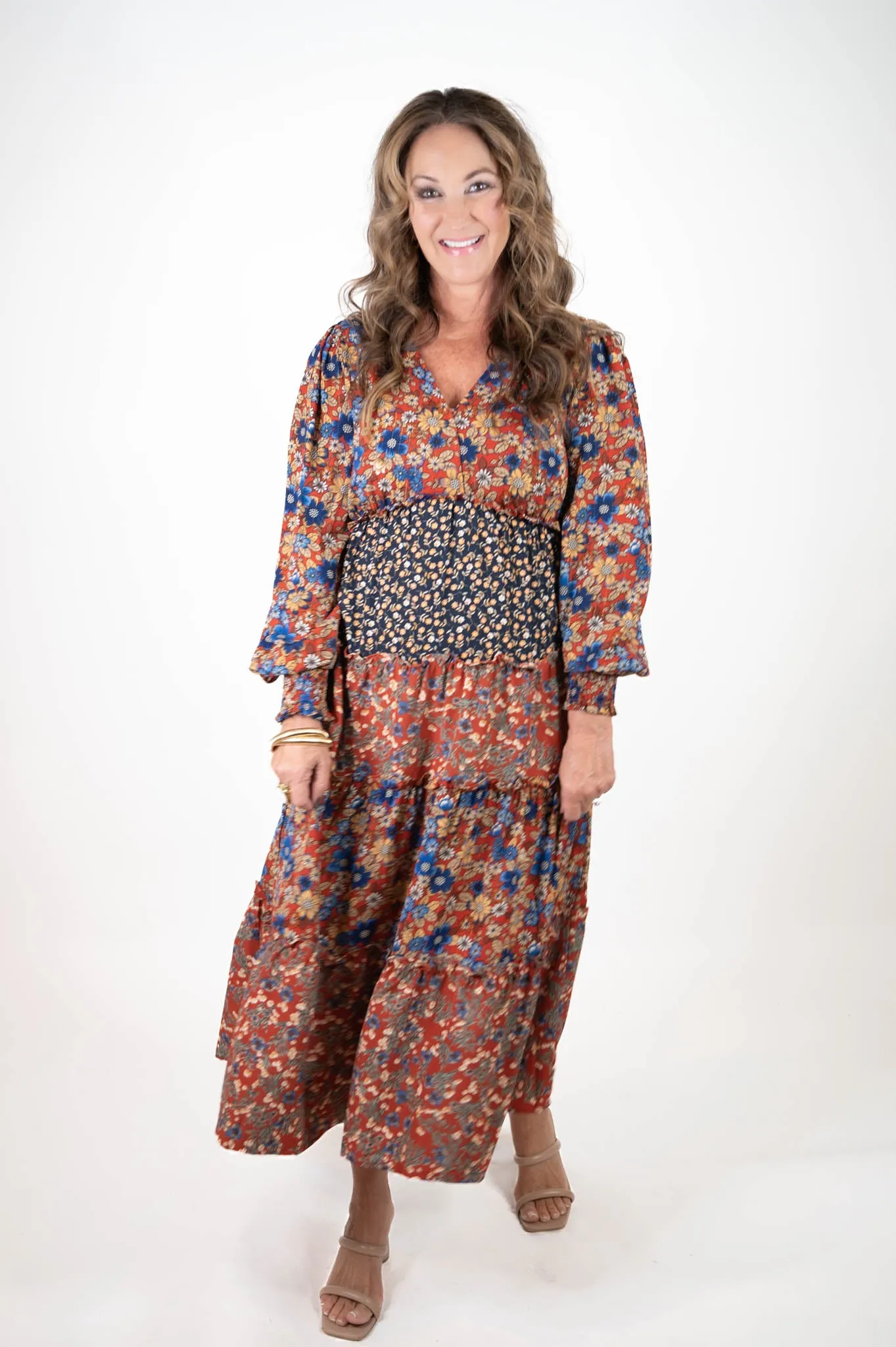 Rust/Navy Floral Midi Dress