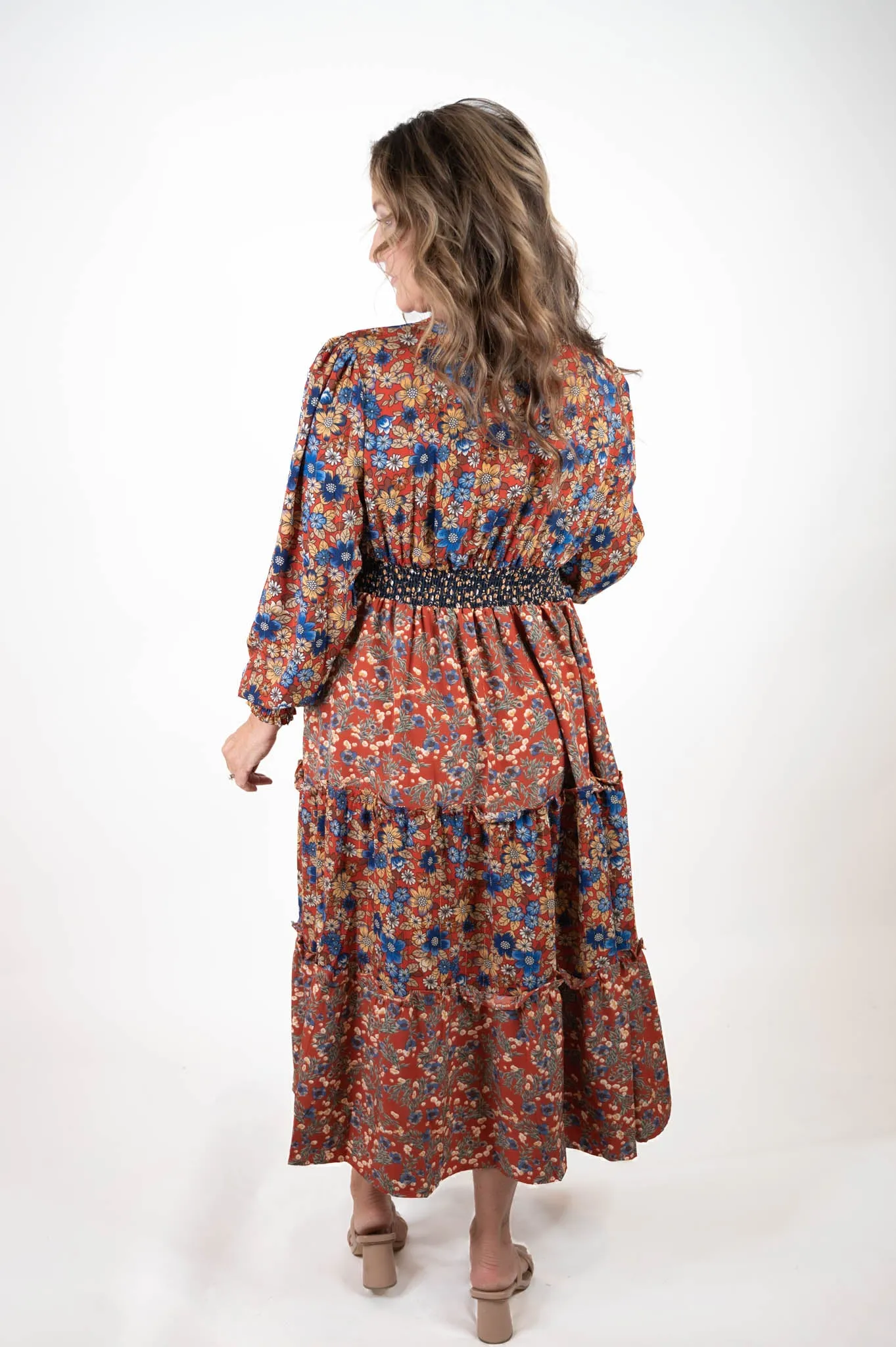 Rust/Navy Floral Midi Dress