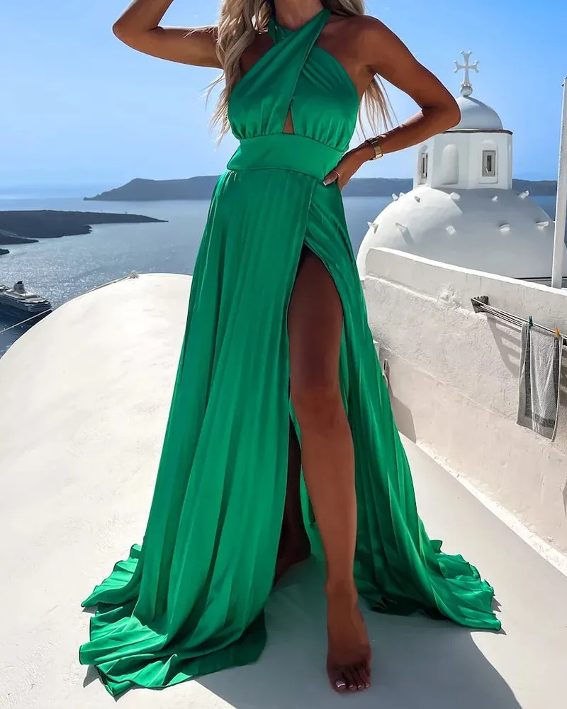 Sleeveless Cross Halter Hem Slit Dress